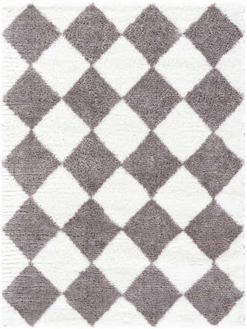 Close-up of Achaia Dark Gray Area Rug with a diamond pattern in gray and ivory shag texture. Design-Rectangle-537