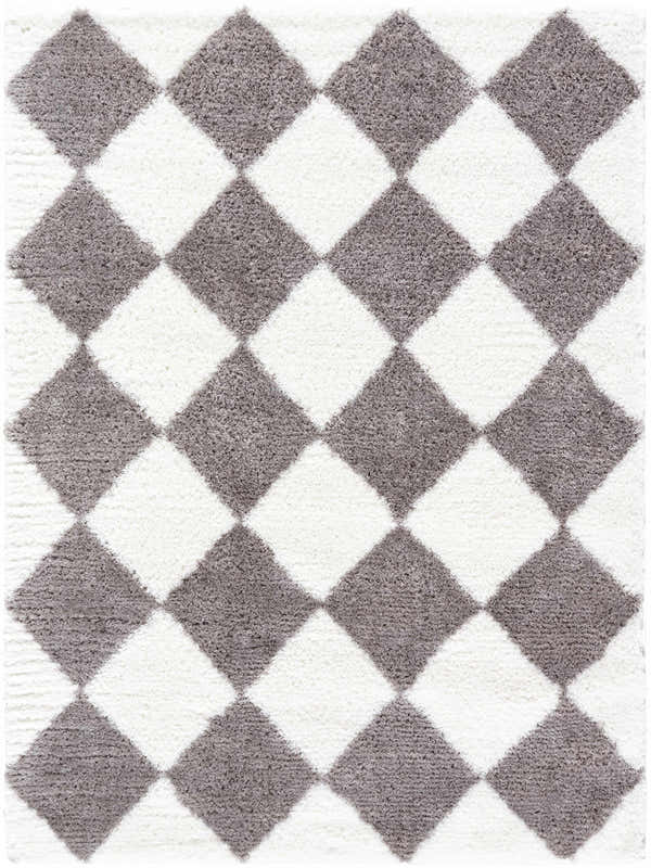 Close-up of Achaia Dark Gray Area Rug with a diamond pattern in gray and ivory shag texture. Design-Rectangle-537