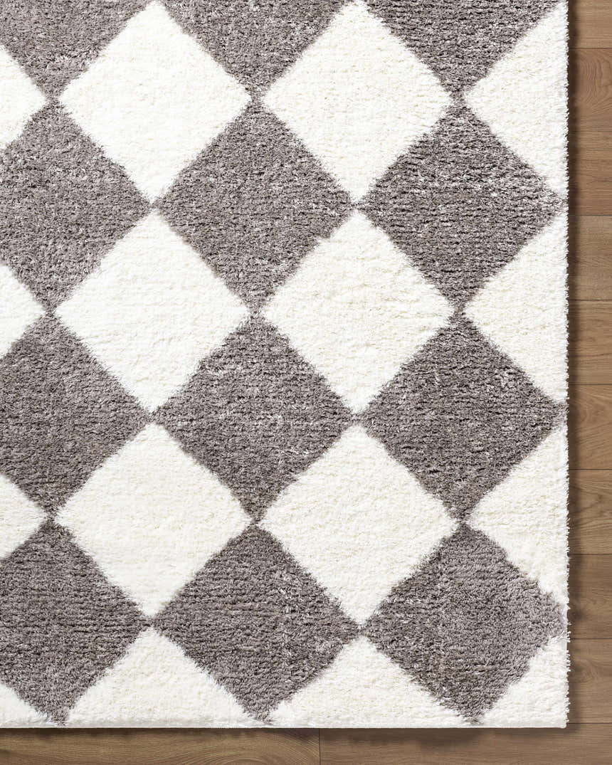 Close-up of the Achaia Dark Gray Area Rug. Diamond pattern in ivory and dark gray shag texture. Corner