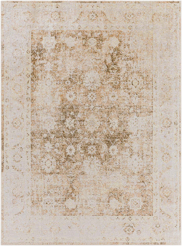 Close-up of the Aniyah Washable Area Rug. Farmhouse style rug in ash, pearl, prairie dust, and tan colors. Machine woven texture. Design-Rectangle-537