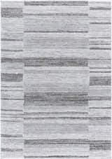 Close-up of the Tayla Shag Area Rug. Light silver, sage, silver gray, and slate blue horizontal stripes and blocks. Soft shag texture. Design-Rectangle-537
