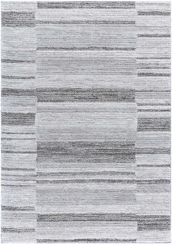 Close-up of the Tayla Shag Area Rug. Light silver, sage, silver gray, and slate blue horizontal stripes and blocks. Soft shag texture. Design-Rectangle-537