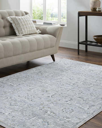 Living room scene with a silver gray Tariq Area Rug, beige sofa, wood floors, and natural light. Roomscene-Rectangle