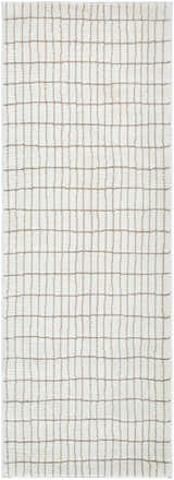 Close-up of Cascade White Area Rug. Ivory polyester rug with a taupe grid pattern. Farmhouse style, machine woven texture. Design-Runner-273
