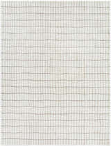 Close-up of Cascade White Area Rug, featuring an ivory base with a subtle taupe grid pattern and soft, textured weave. Design-Rectangle-537