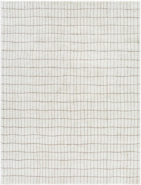 Close-up of Cascade White Area Rug, featuring an ivory base with a subtle taupe grid pattern and soft, textured weave. Design-Rectangle-537
