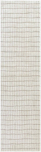 Close-up of the Cascade White Area Rug featuring a taupe grid pattern on an ivory, textured polyester weave. Design-Runner