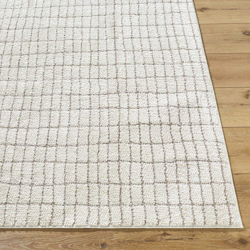 Close-up of the Cascade White Area Rug. Ivory polyester rug with a subtle taupe grid pattern on wood flooring. Front