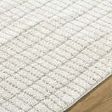 Close-up of the Cascade White Area Rug showing its ivory and taupe geometric pattern and soft, textured weave. Texture
