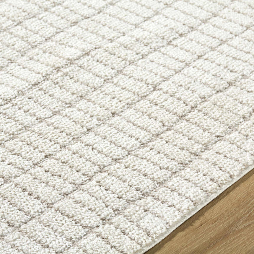 Close-up of the Cascade White Area Rug showing its ivory and taupe geometric pattern and soft, textured weave. Texture