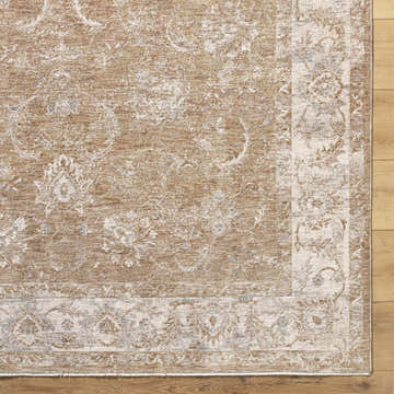 Close-up of the Tylie Cream Area Rug showing its traditional floral pattern and cream, tan, and light brown colors. Swatch
