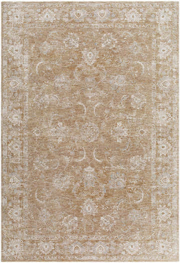 Close-up of the Tylie Tan Area Rug. Cream and tan floral pattern with an olive and light brown border. Design-Rectangle-6796