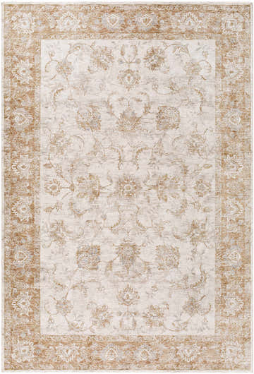 Close-up of the Tylie Blue Area Rug, a farmhouse style rug with cream, tan, and light brown floral pattern. Design-Rectangle-6796