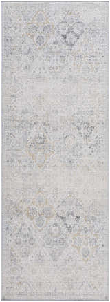 Close-up of the Totsi Area Rug, a machine-woven rug with farmhouse style in blue, charcoal, cream, gray, mustard, and peach. Design-Runner-2773