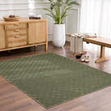 Entryway with a green Truls 3D Checkered Washable Rug, wood console table, bench, and a potted plant. Roomscene-Rectangle