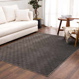 Living room scene with a Truls 3D Checkered Washable Rug in black, white sofa, wood floors, and natural light. Roomscene-Rectangle