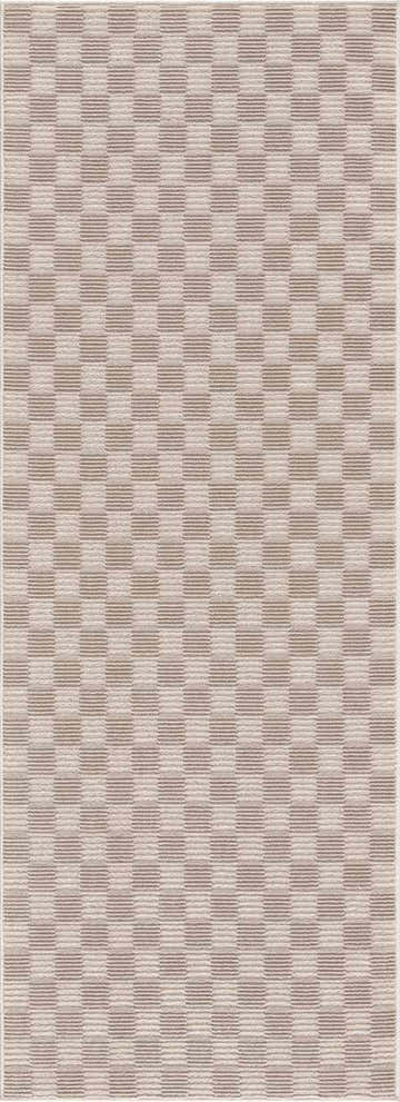 Close-up of the Truls 3D Checkered Washable Rug - Biscotti. Beige, cream, and peach tones create a modern checkered pattern. Design-Runner-2773