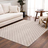 Living room scene with a biscotti Truls 3D Checkered Washable Rug, cream sofa, wood chair, and light neutral decor. Roomscene-Rectangle