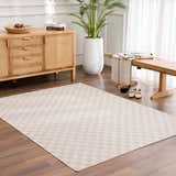 Entryway with a biscotti Truls 3D Checkered Washable Rug, wood floors, console table, bench, and plant. Neutral tones. Roomscene-Rectangle