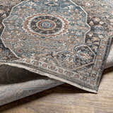 Close-up of the Baychester Brown Area Rug showing its traditional oriental design, denim blue, brown, and sage colors, and soft texture. Fold