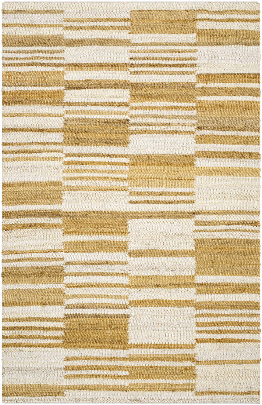 Close-up of Kamey Handmade Becki Owens x LIVABLISS BOKY-2307 Area Rug. Jute rug with ivory, sandstone, and yellow stripes. Design-Rectangle-576