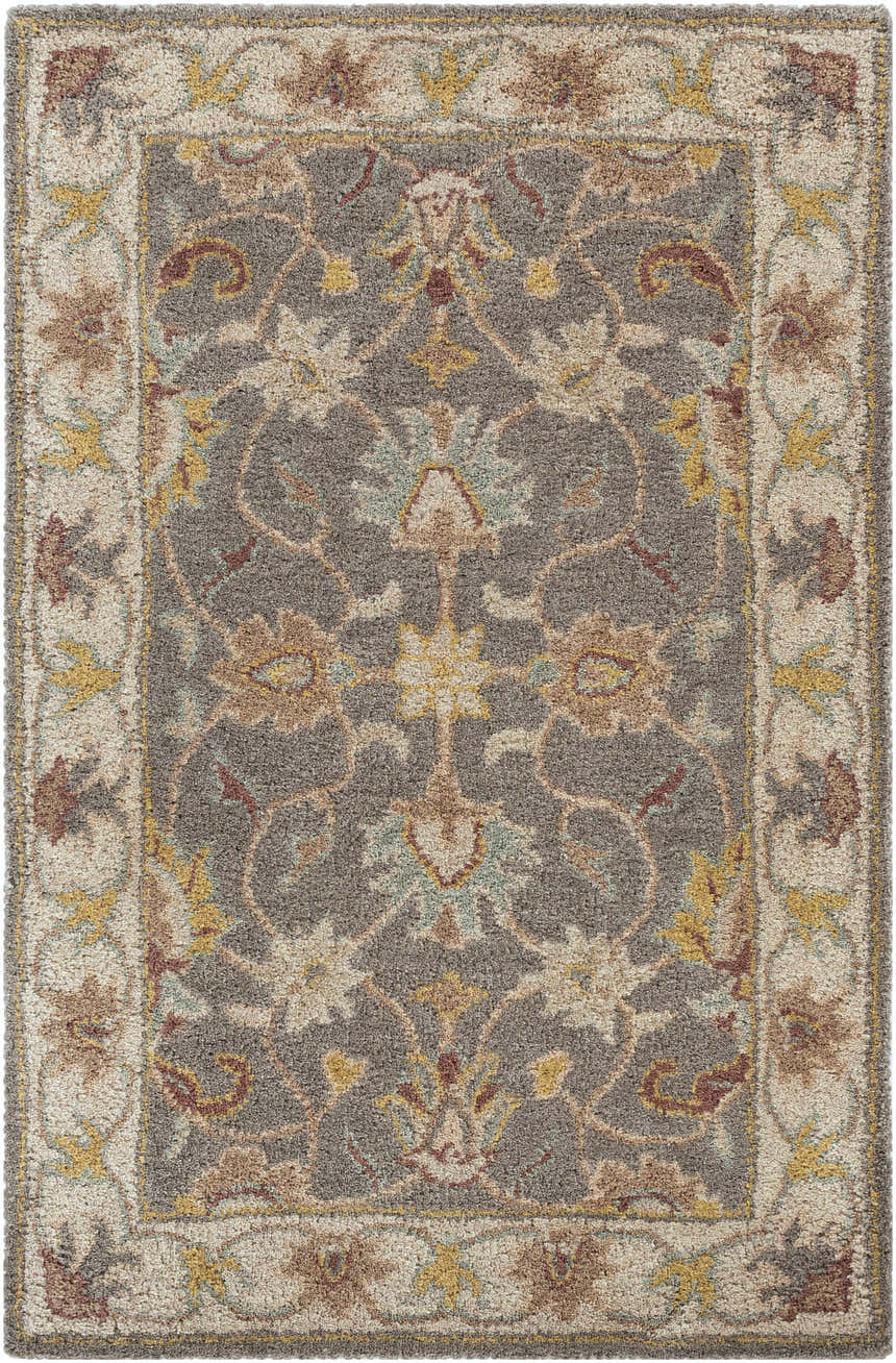 Close-up of the Cherryfield Hand Tufted Taupe Wool Rug, showcasing its floral pattern, texture, and colors: taupe, beige, and yellow. Design-Rectangle-23