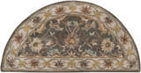 Close-up of the hand-tufted Cherryfield Taupe Wool Rug. Hearth shape with charcoal, beige, brown, and yellow floral design. Design-Hearth