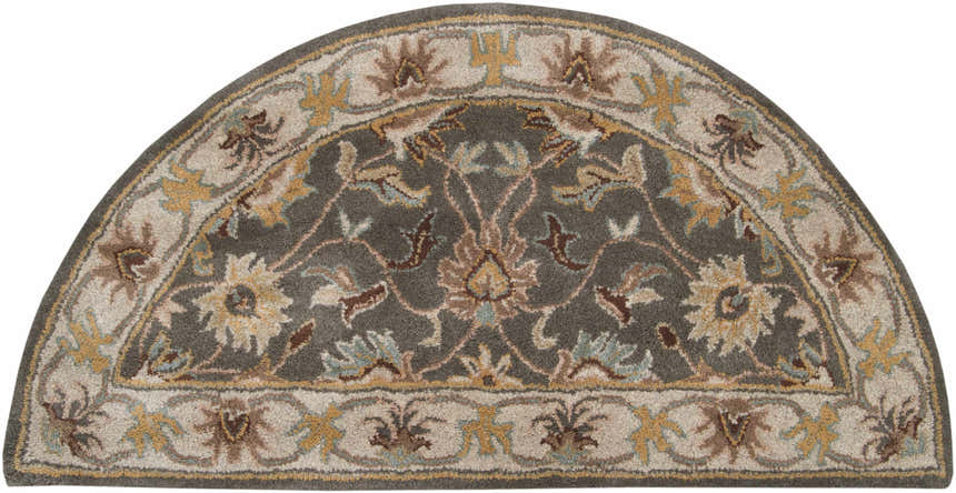 Close-up of the hand-tufted Cherryfield Taupe Wool Rug. Hearth shape with charcoal, beige, brown, and yellow floral design. Design-Hearth
