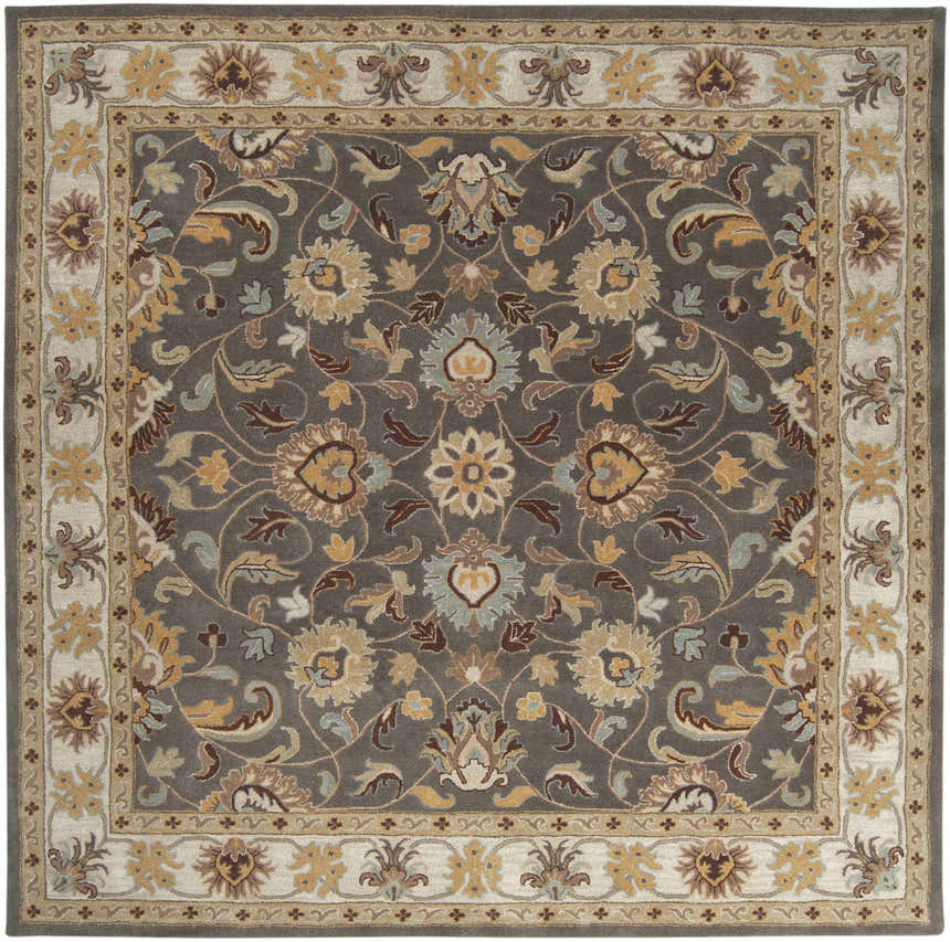 Close-up of the Cherryfield Hand Tufted Taupe Wool Rug. Features a floral pattern in taupe, brown, yellow, and beige hues. Design-Square-8