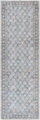 Close-up of the Telma Medium Green Washable Area Rug. Features a traditional diamond pattern in green, blue, cream, and black. Design-Runner-27710