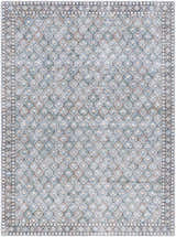 Close-up of Telma Medium Green Washable Area Rug. Farmhouse style rug with black, cream, blue, green, and mustard diamond pattern. Design-Rectangle-537