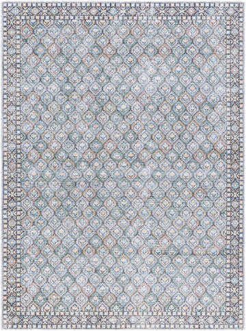 Close-up of Telma Medium Green Washable Area Rug. Farmhouse style rug with black, cream, blue, green, and mustard diamond pattern. Design-Rectangle-537