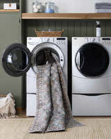 Telma Medium Green Washable Area Rug in a laundry room with a washing machine and dryer. Easy to clean rug. Washing-Machine
