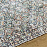 Close-up of the Telma Medium Green Washable Area Rug. Features a traditional pattern in green, blue, cream, and mustard. Texture