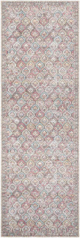 Close-up of the Telma Red Washable Area Rug featuring a traditional diamond pattern in red, aqua, cream, and mustard tones. Design-Runner-27710