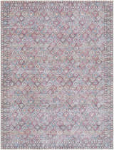 Close-up of the Telma Red Washable Area Rug. Traditional diamond pattern in red, aqua, cream, pink, and mustard hues. Design-Rectangle-537