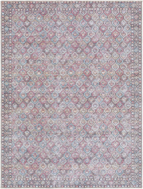 Close-up of the Telma Red Washable Area Rug. Traditional diamond pattern in red, aqua, cream, pink, and mustard hues. Design-Rectangle-537