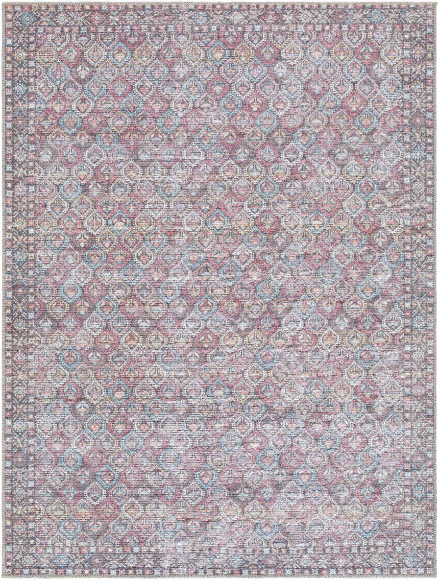 Close-up of the Telma Red Washable Area Rug. Traditional diamond pattern in red, aqua, cream, pink, and mustard hues. Design-Rectangle-537