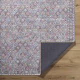 Close-up of Telma Red Washable Area Rug showing a traditional, farmhouse-style design with aqua, red, and cream colors. Fold