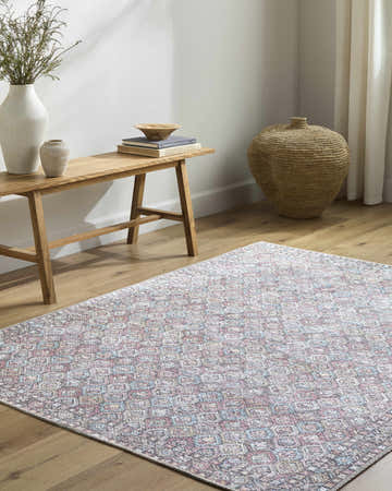 Entryway with wooden bench, vases, and Telma Red Washable Area Rug in farmhouse style, adding color to the light wood floor. Roomscene-Rectangle