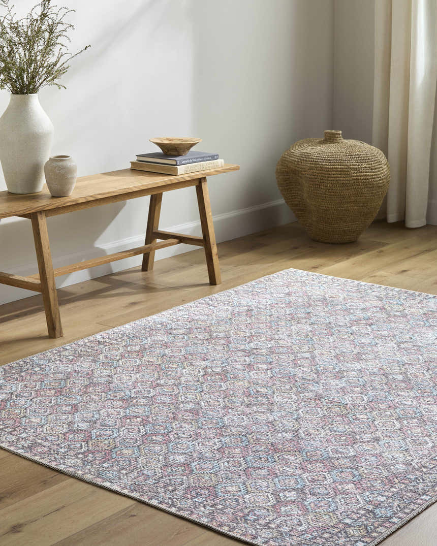 Entryway with wooden bench, vases, and Telma Red Washable Area Rug in farmhouse style, adding color to the light wood floor. Roomscene-Rectangle