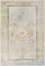Close-up of the hand-tufted Tarun Area Rug. Beige, ivory, and sandstone tones with geometric, traditional patterns. Design-Rectangle-576