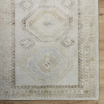 Close up of the hand-tufted Tarun Area Rug. Beige, ivory, and sandstone colors with traditional, geometric patterns. Swatch