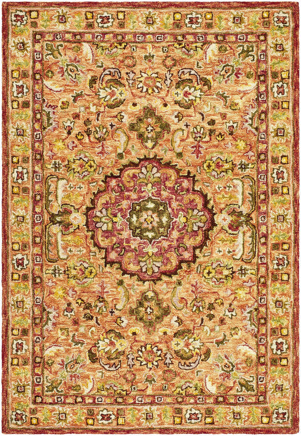 Detailed texture of the hand-tufted wool Annick Area Rug with a traditional floral pattern in orange, red, and green. Design-Rectangle-576