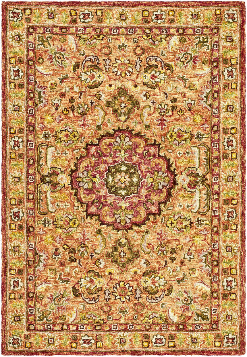 Detailed texture of the hand-tufted wool Annick Area Rug with a traditional floral pattern in orange, red, and green. Design-Rectangle-576