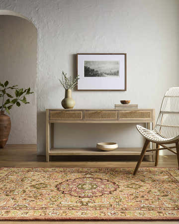 Entryway with a console table and the Annick Area Rug in farmhouse style. Roomscene-Rectangle