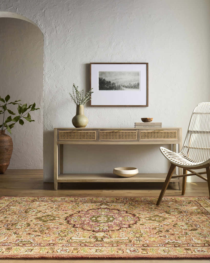 Entryway with a console table and the Annick Area Rug in farmhouse style. Roomscene-Rectangle
