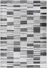 Close-up of the Tehya Gray Area Rug. Contemporary design with charcoal, silver, and gray blocks and stripes. Design-Rectangle-5373