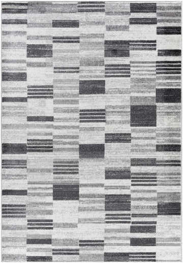 Close-up of the Tehya Gray Area Rug. Contemporary design with charcoal, silver, and gray blocks and stripes. Design-Rectangle-5373