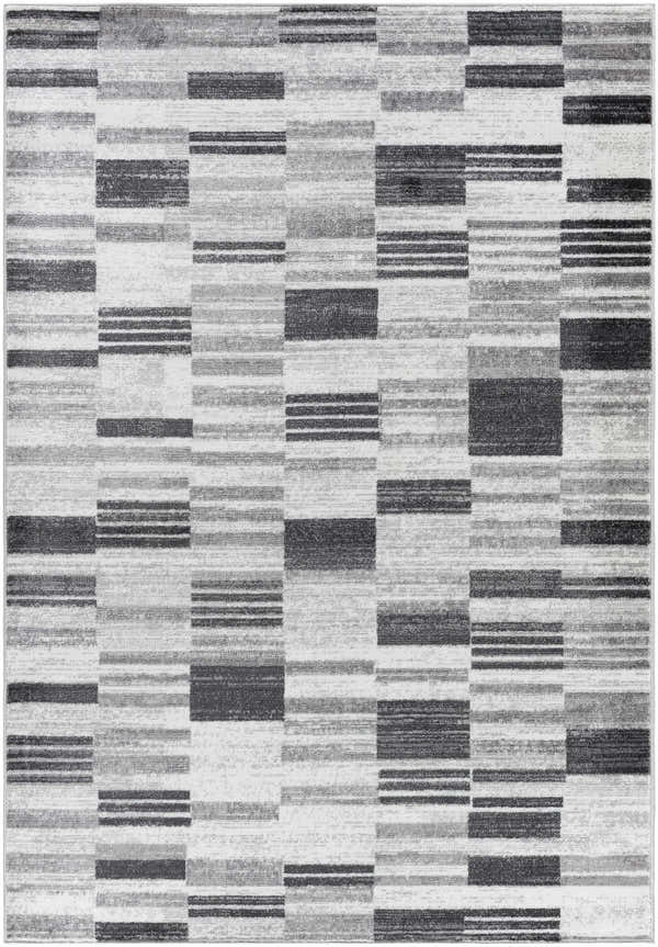 Close-up of the Tehya Gray Area Rug. Contemporary design with charcoal, silver, and gray blocks and stripes. Design-Rectangle-5373